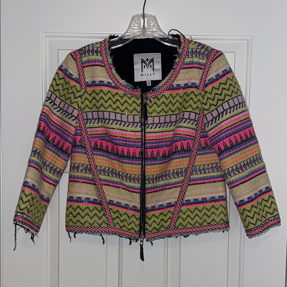 Milly Multicolor Chevron & Stripe Zip-Front Jacket — Pink, Lime & Cream